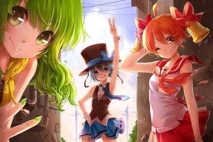 A vibrant HD desktop wallpaper featuring three anime girls, showcasing colorful hairstyles and joyful expressions, set against a lively urban backdrop.