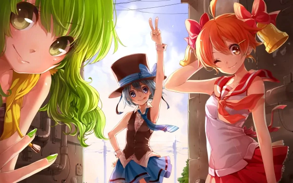 A vibrant HD desktop wallpaper featuring three anime girls, showcasing colorful hairstyles and joyful expressions, set against a lively urban backdrop.