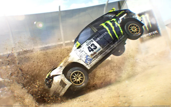 HD PC desktop wallpaper from the video game Colin McRae: Dirt 2, featuring a rally car airborne on a dusty track with dynamic motion and dirt effects.