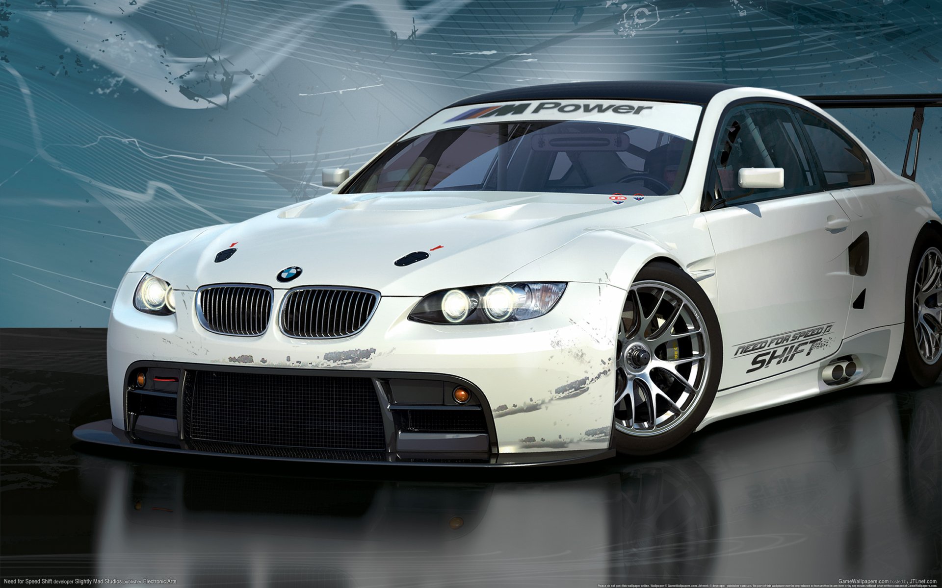 HD PC desktop wallpaper featuring a detailed white BMW racing car from the video game Need For Speed, showcasing sleek design and dynamic styling.