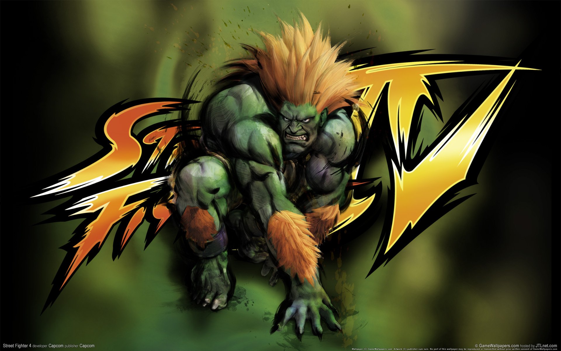 HD PC desktop wallpaper featuring Blanka, a green character from the video game Street Fighter, poised in a dynamic crouch with the Street Fighter logo behind him.
