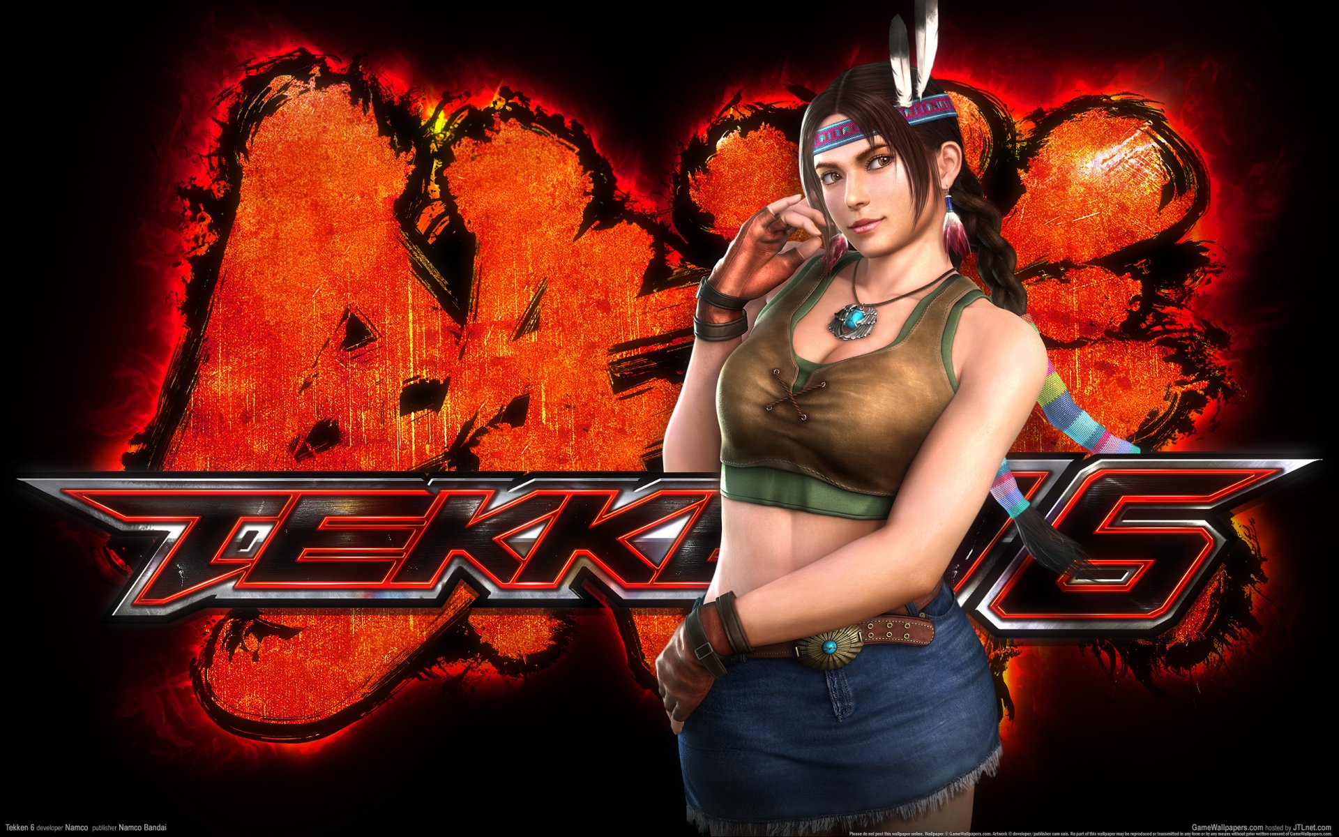 Tekken 6 video game 2K Quad HD PC desktop wallpaper showing a female fighter in a green tank top and denim skirt posed before a fiery Tekken 6 logo.