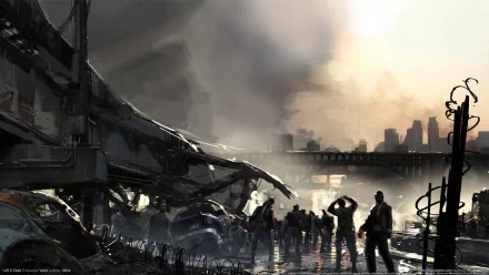 Left 4 Dead video game HD PC desktop wallpaper/background: silhouetted survivors stand in a flooded, ruined city beneath a smoky, orange-tinged skyline.