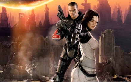 A dynamic HD wallpaper featuring Commander Shepard and Miranda Lawson from the video game Mass Effect 2, set against a dramatic, apocalyptic backdrop.