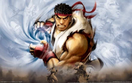 HD PC desktop wallpaper featuring Ryu from the video game Street Fighter, depicted in a dynamic pose preparing a Hadouken energy attack.