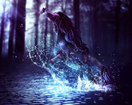 A majestic fantasy horse rears gracefully in shimmering water, surrounded by a mystical forest backdrop, creating an enchanting HD desktop wallpaper.