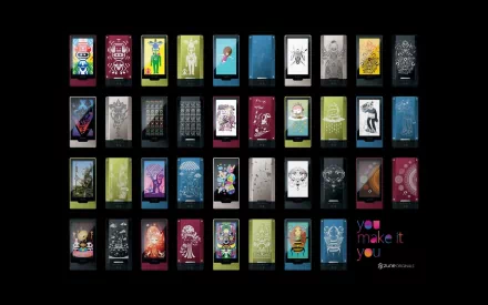 HD PC desktop wallpaper showcasing a collection of colorful Zune music player screens with various artistic and tech-themed designs on a black background.