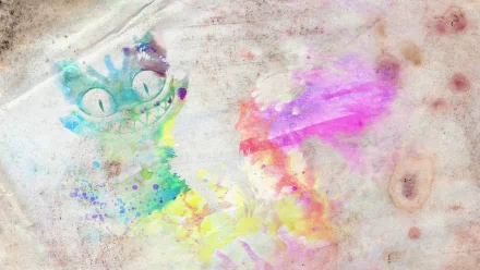 A colorful watercolor painting of a whimsical cat with wide eyes, featured as an HD PC desktop wallpaper and background.