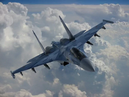 HD desktop wallpaper featuring a Sukhoi Su-35 military jet soaring above clouds in flight.