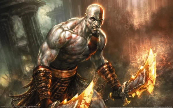 HD desktop wallpaper featuring a character from the video game God of War, showcasing a muscular, intense warrior holding two blazing blades amidst a dramatic and fiery backdrop.