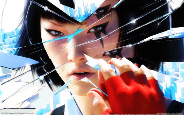 HD PC desktop wallpaper featuring a close-up of Faith, the protagonist from the video game Mirror's Edge, with shattered glass effects highlighting her intense gaze.
