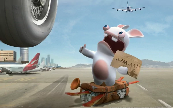 HD wallpaper featuring a character from Rayman Raving Rabbids TV Party at an airport, holding a sign and standing on a suitcase while planes and an airplane wheel are visible in the background.