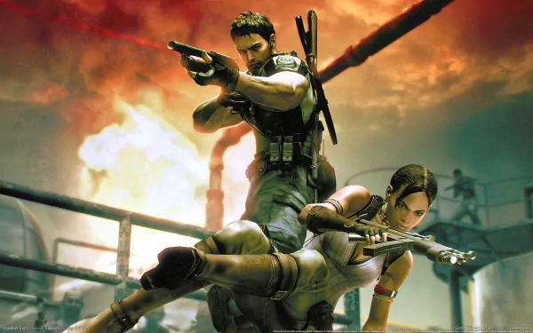 A vibrant HD wallpaper from Resident Evil 5 featuring Chris and Sheva in an action-packed scene with dramatic lighting and explosive background elements.