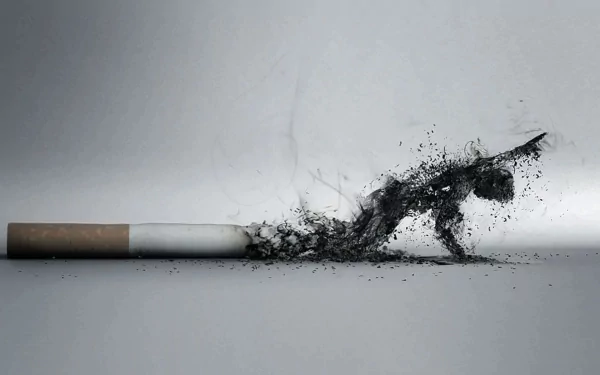 A dark, artistic digital artwork depicting smoke transforming into a figure emerging from a cigarette, creating a striking contrast for HD desktop wallpaper.