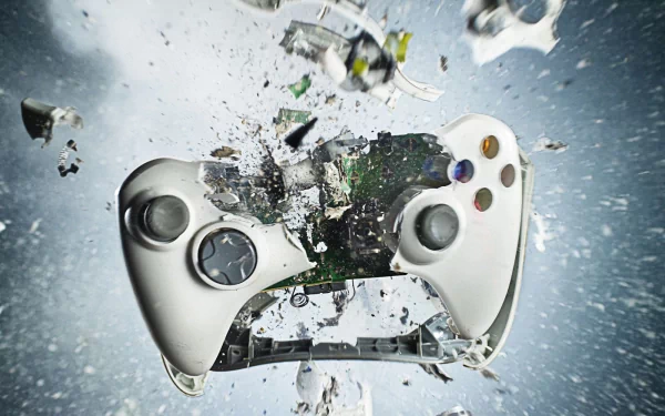 HD PC desktop wallpaper featuring a dynamic image of an Xbox controller breaking apart with debris suspended in mid-air, capturing intense gaming energy.