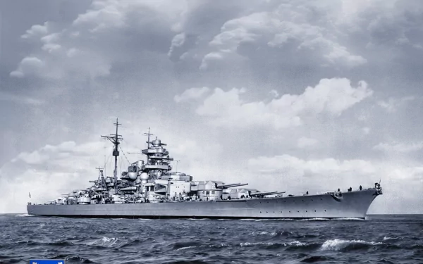 HD desktop wallpaper showing a detailed military battleship sailing on calm waters under a cloudy sky.