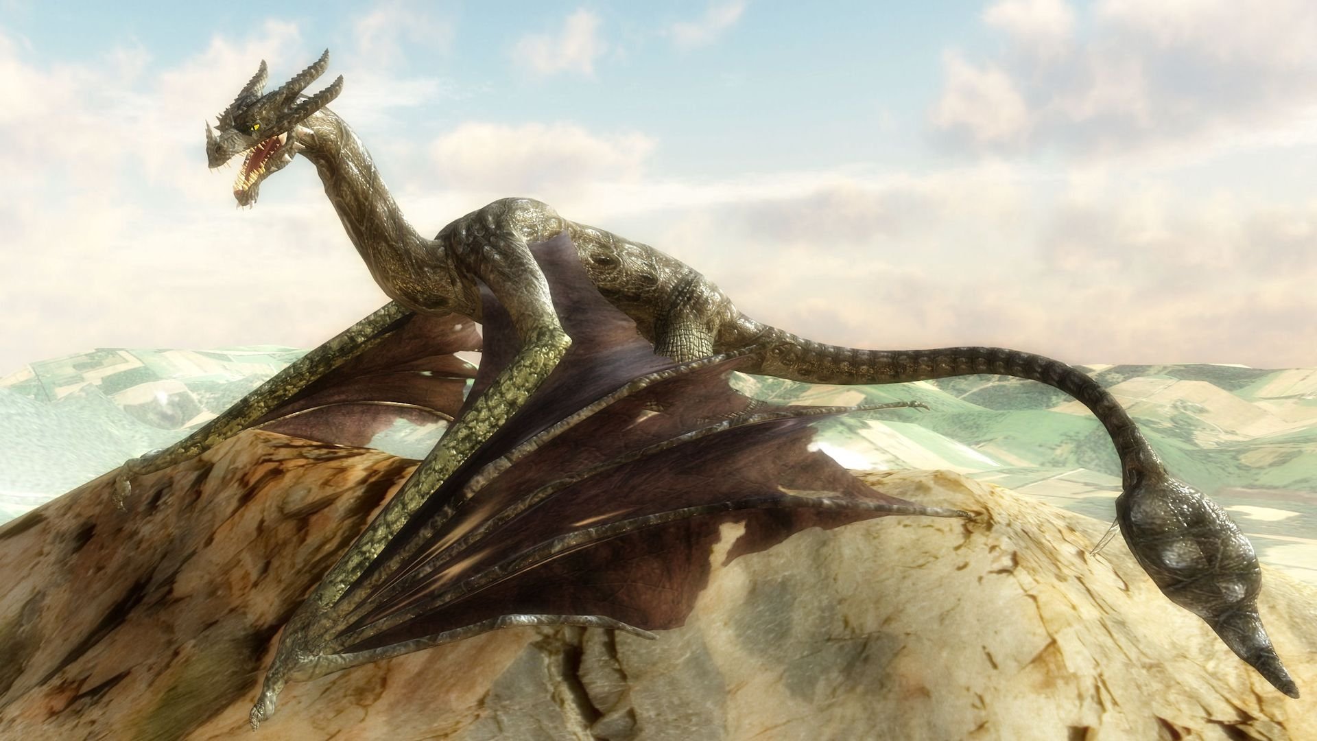 HD fantasy PC desktop wallpaper featuring a fierce dragon perched on a rocky cliff under a cloudy sky, showcasing detailed scales and wings in a dynamic pose.