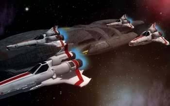 HD PC desktop wallpaper featuring Battlestar Galactica (2003) spaceships flying through space from the iconic TV show Battlestar Galactica.