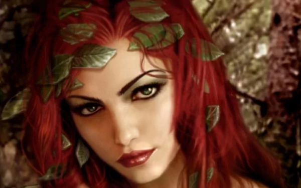HD desktop wallpaper features a red-haired fantasy woman adorned with leaves, set against a lush, earthy background.