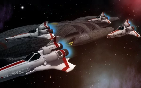 HD PC desktop wallpaper featuring Battlestar Galactica (2003) spaceships flying through space from the iconic TV show Battlestar Galactica.