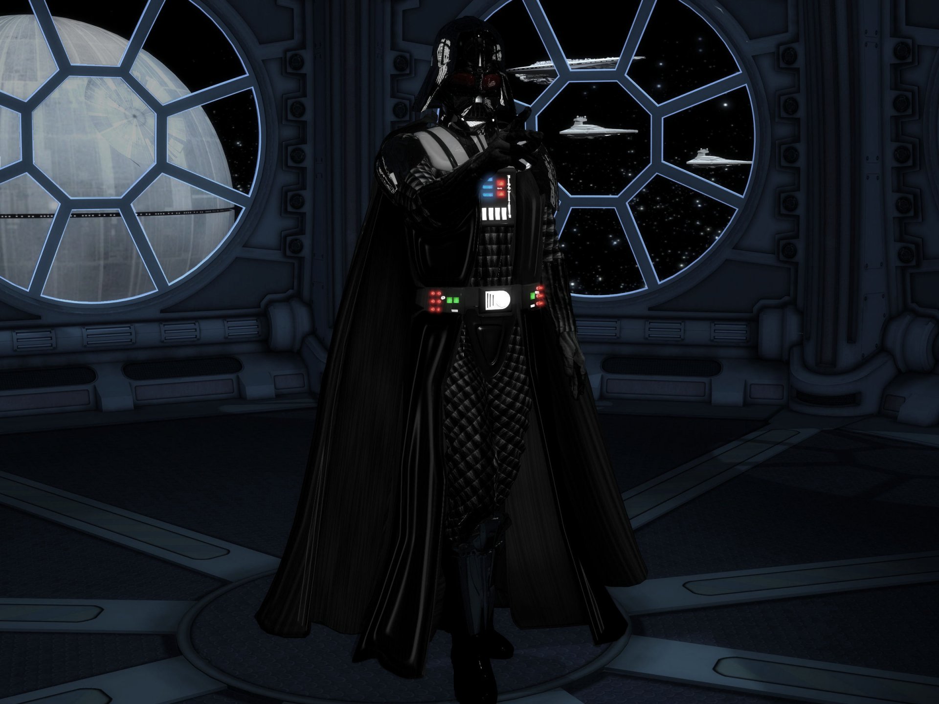 HD PC desktop wallpaper featuring Darth Vader in a Star Wars sci-fi setting with the iconic Death Star window in the background.