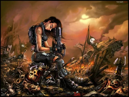 An HD desktop wallpaper featuring a lone, battle-worn soldier in a post-apocalyptic landscape, surrounded by skulls and ruins, evoking a dark, horror-infused warrior theme.