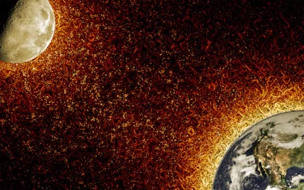 Vivid HD wallpaper depicting Earth and the Moon surrounded by a fiery cosmic background, encapsulating the beauty of space and nature.