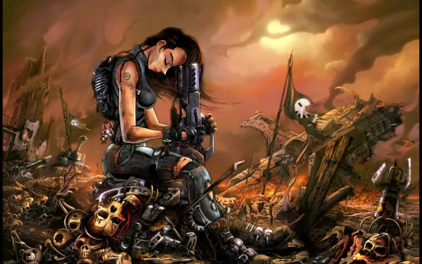 An HD desktop wallpaper featuring a lone, battle-worn soldier in a post-apocalyptic landscape, surrounded by skulls and ruins, evoking a dark, horror-infused warrior theme.