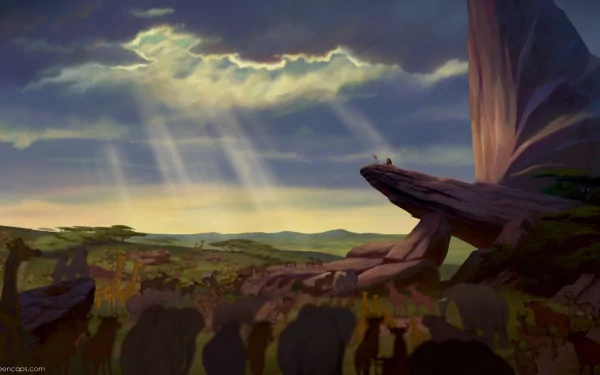 HD desktop wallpaper from the movie The Lion King (1994) featuring Pride Rock bathed in sunlight over the African savanna.