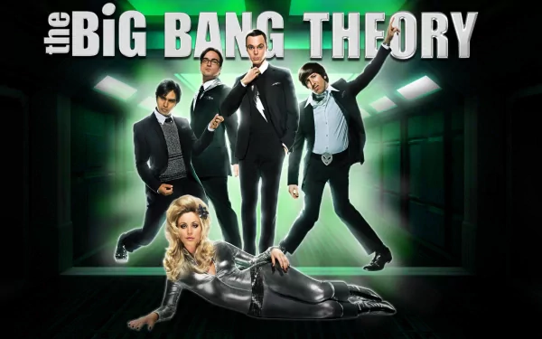 Cast of *The Big Bang Theory*, featuring Howard Wolowitz, Sheldon Cooper, Leonard Hofstadter, Raj Koothrappali, and Penny, in a dynamic group pose against a green backdrop.