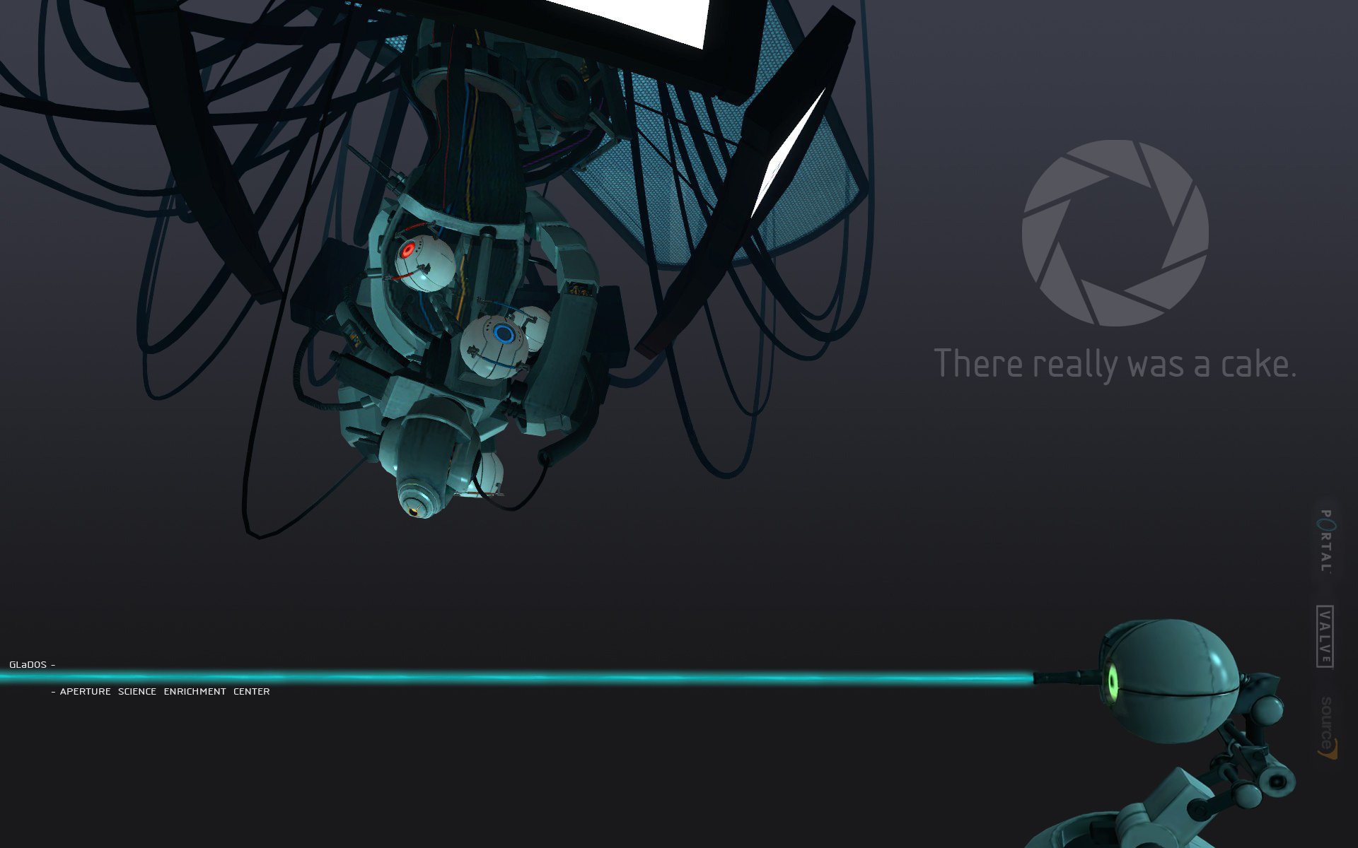 HD desktop wallpaper featuring an intricate scene from the video game Portal, with robotic elements and the phrase There really was a cake. The background is dark with a minimalist design.