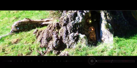 Artistic sci-fi HD PC desktop wallpaper/background: a glowing mechanical owl-like robot nestled in a tree hollow, surrounded by sunlit grass and rugged roots.