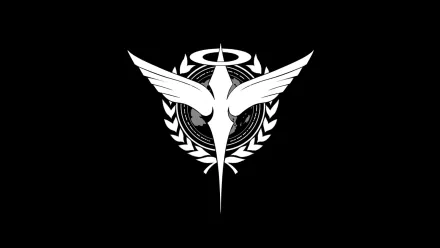 White Gundam emblem featuring a stylized bird with outstretched wings, a halo, and laurel wreath on a black background, designed as an HD anime PC desktop wallpaper.