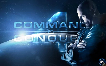 HD PC desktop wallpaper and background for the video game Command & Conquer 4: Tiberian Twilight — glowing 4 logo and a brooding character against a blue starfield.