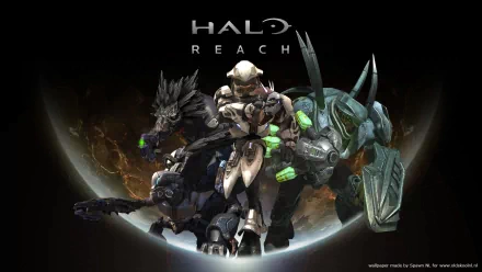 Halo: Reach video game HD PC desktop wallpaper — armored Spartan in front of a planet, flanked by alien combatants beneath the game's logo.