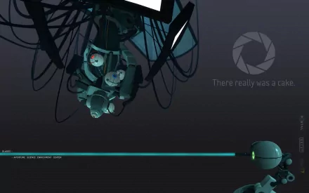 HD desktop wallpaper featuring an intricate scene from the video game Portal, with robotic elements and the phrase There really was a cake. The background is dark with a minimalist design.