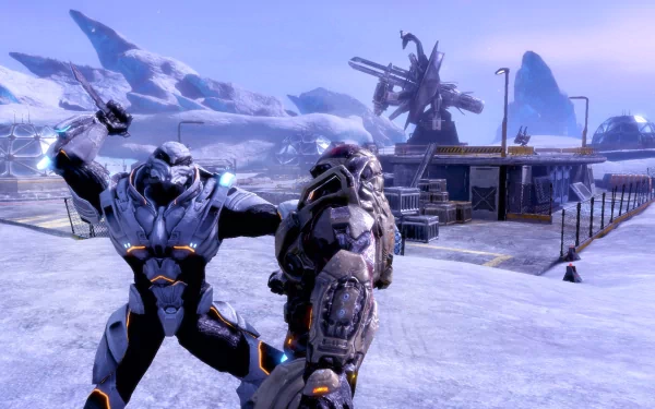 HD PC desktop wallpaper from the video game Section 8, featuring two armored soldiers in a snowy, futuristic battleground with structures and distant mountains.