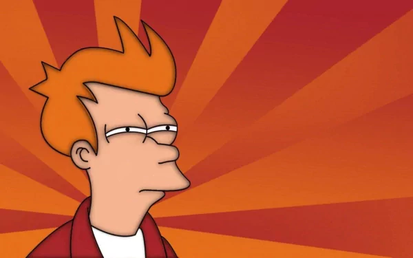 Fry from Futurama, depicted with a smirk against a vibrant orange sunburst background, serves as a dynamic HD PC desktop wallpaper for fans of the TV show.