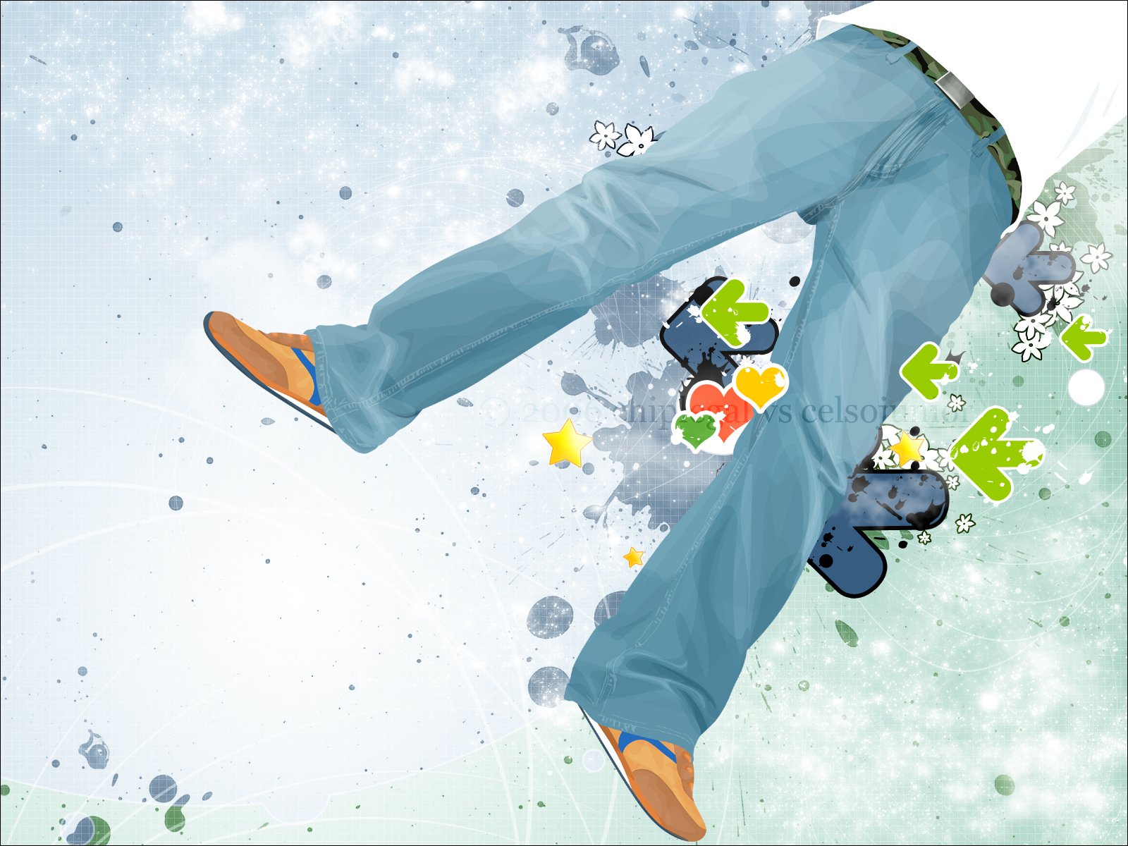 A vibrant HD desktop wallpaper featuring a dynamic artistic illustration of a person's legs in blue jeans and sandals, surrounded by colorful splashes and playful graphics.