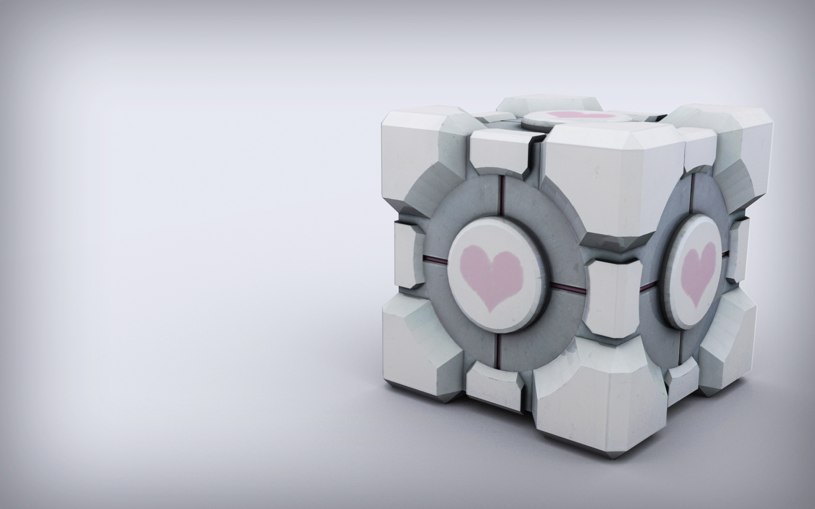 Portal Companion Cube with purple and pink hearts on a black background