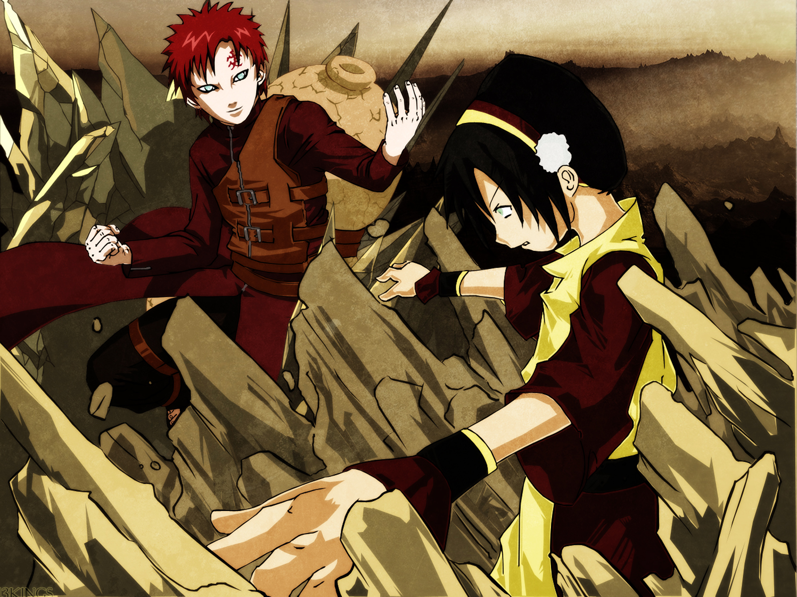 Toph Beifong and Gaara in intense battle, featuring Naruto and Avatar: The Last Airbender characters.