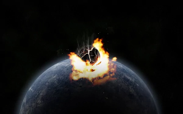 A dramatic sci-fi scene depicting a meteor colliding with Earth, surrounded by flames and lightning, creating a striking visual effect for an HD desktop wallpaper.