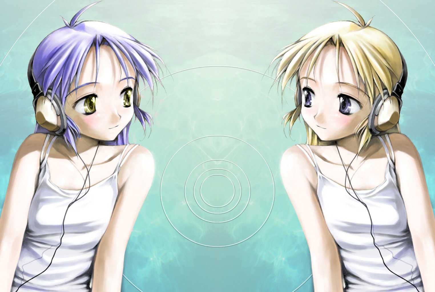 Anime-inspired HD desktop wallpaper featuring two girls with headphones, one with purple hair and the other with blonde hair, set against a soft turquoise background.