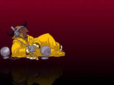 HD PC desktop wallpaper featuring the GNU mascot in a yellow suit with headphones and a microphone, set against a deep red background, blending technology and open-source themes.