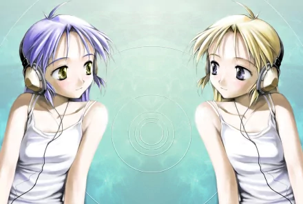 Anime-inspired HD desktop wallpaper featuring two girls with headphones, one with purple hair and the other with blonde hair, set against a soft turquoise background.