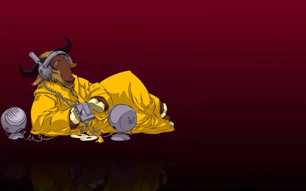 HD PC desktop wallpaper featuring the GNU mascot in a yellow suit with headphones and a microphone, set against a deep red background, blending technology and open-source themes.