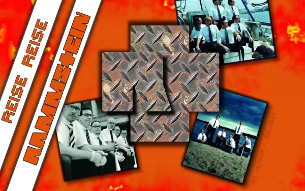A vibrant HD desktop wallpaper featuring Rammstein, showcasing a mix of band photos and a textured metallic background with bold text Reise Reise.