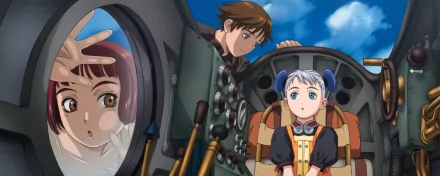 Anime-style HD desktop wallpaper from Last Exile, featuring characters inside a detailed cockpit against a bright blue sky background.