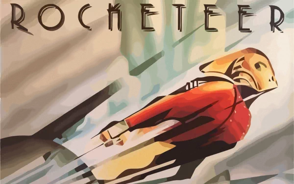 A stylized comic wallpaper featuring the Rocketeer in mid-flight, showcasing vibrant colors and dynamic motion with the title ROCKETEER prominently displayed.