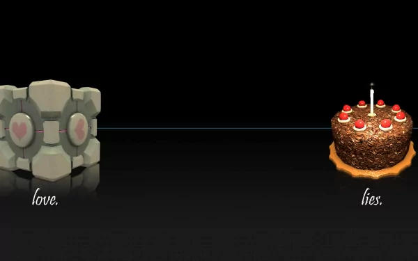 HD PC desktop wallpaper featuring the Companion Cube and a cake from the Portal video game, symbolizing love and lies against a black background.